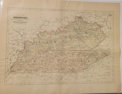 Antigua placa de cobre detallada mapa coloreado a mano Kentucky Johnson Cyclopaedia 1897 Foto 1 de 4
