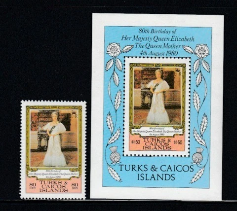 TURKS & CAICOS 80th Birthday of Queen Mother MNH stamp & souvenir sheet Cover
