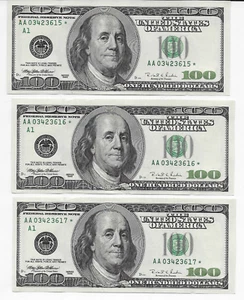 1996 $100 Federal Reserve STAR Notes BOSTON Three (3) Consecutive Numbers UNC - Picture 1 of 2