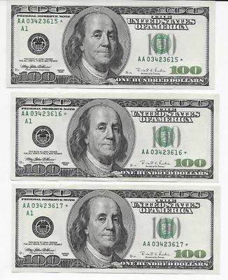 1996  $100 Federal Reserve STAR Notes BOSTON Three (3) Consecutive  Numbers  UNC - Image 1 of 2