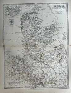 1884 Denmark Hand Coloured Original Antique Map by Johnston - Picture 1 of 3