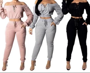 womens 2pc jogger set, solid material, casual wear, S-XXL, Gray,BLK, Brown - Picture 1 of 1