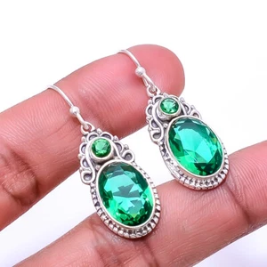 Emerald (Simulated) Gemstone 925 Sterling Silver Bali Earring 1.56" E921322720 - Picture 1 of 3