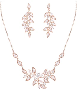 Foglia Cluster Sposa Set Di Gioielli Rosa Oro Placcato Trasparente Zirconia Cubi - Foto 1 di 12