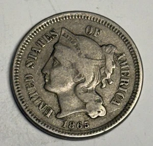 VF 1865 Three Cent Nickel, All Original U.S. 3c Type Coin - Picture 1 of 2