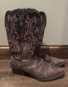 Justin Women Brown Purple Embroidered Leather Boots L2562 Pointed Toe Size 9 - Picture 1 of 7