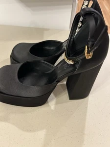 Versace Aevitas Satin Gold Crystal Medusa Platform Heels Black Size 38.5 120mm - Picture 1 of 5