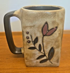 Vintage Mara Mexico Coffee Mug Wildflowers 12 oz Square Bottom Signed Pottery - Picture 1 of 7