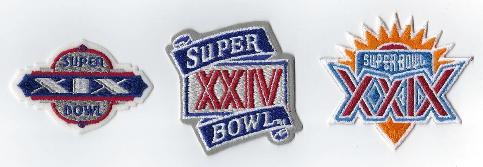 (3) Parches del Super Bowl de los 49ers de San Francisco de 1980 SB XIX XXIV XXIX Joe Montana Foto 1 de 1