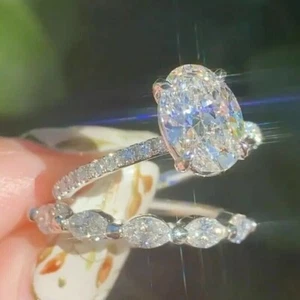 NEW 3.00ct Oval cut Moissanite Bridal Set Engagement Ring 14K White Gold Plated - Picture 1 of 10