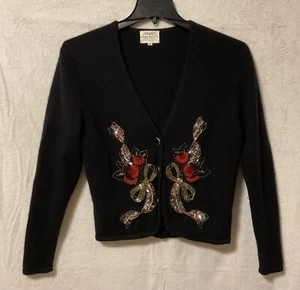 Vintage Susan Bristol Sweater Women Small Black Angora Lambswool Holiday Festive - Picture 1 of 8