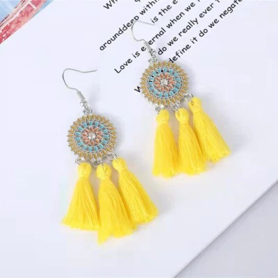 Fashion Women Jewelry Boho Cotton Tassel Earrings Dream Catcher Style Stud Hook - Image 1 of 4