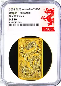2024 Dragon 1oz .9999 GOLD Rectangular $100 Dollar Bar COIN NGC MS 70 FR Lunar - Picture 1 of 2