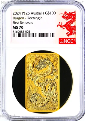 2024 Dragon 1oz .9999 GOLD Rectangular $100 Dollar Bar COIN NGC MS 70 FR Lunar - Image 1 of 2