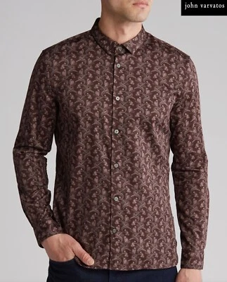 JOHN VARVATOS 系列全新带标签 218 美元罗斯修身 L/S 葡萄酒花卉棉衬衫。 L — 第 1/4 张图片