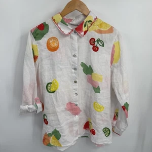 John Mark Hemd Damen L Petite Leinen Obst bestickt Rollriegel Reise Urlaub - Bild 1 von 9
