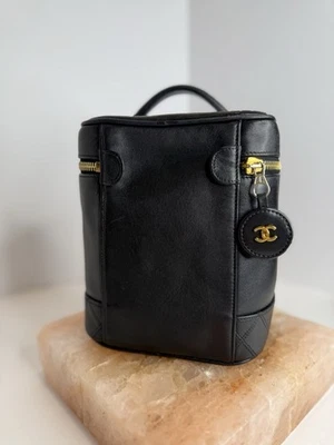 Authentic Vintage CHANEL Black Leather Lambskin Quilted Vanity Case Cosmetic Bag - Image 1 of 4
