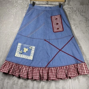 Gonna denim fatta a mano country prateria pizzo ric rac picnic vita 27" - Foto 1 di 12