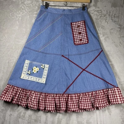 Handmade Denim Skirt Country Prairie Lace Ric Rac Picnic 27" Waist - Image 1 of 4