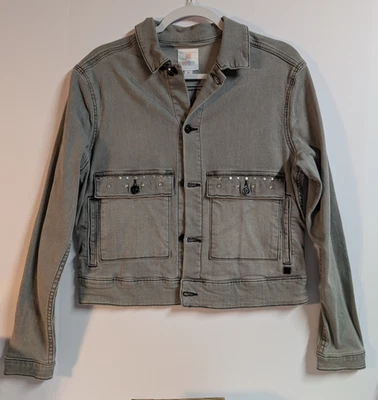 Jaqueta jeans Lularoe cinza lantejoulas tigre costas cravejada feminina tamanho médio - Imagem 1 de 4