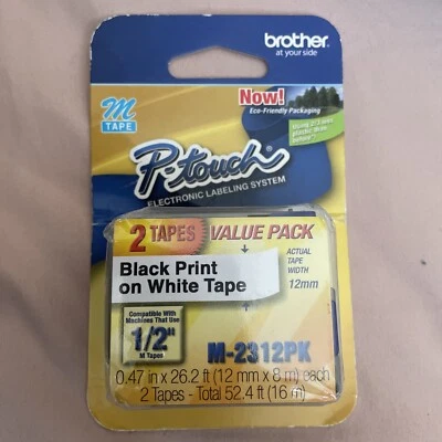 Double Pack - Brother P-Touch M-Tape 1/2 inch - BLACK on WHITE --  MK-2312PK Foto 1 de 2