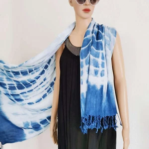 37''x78'' Shibori Scarf, Indigo Tie Dye Scarf, Headscarf, Shawl Wrap with Fringe - Picture 1 of 15