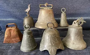 Vintage Brass Bell Collection Set OF 6 - 4”-5” High Unique Warm Wonderful Sound! - Picture 1 of 12