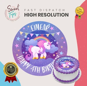 TORTA TOPPER COMPLEANNO COMMESTIBILE TONDO UNICORNO DECORAZIONE PERSONALIZZATA - Foto 1 di 1