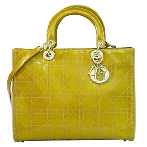 Christian Dior Lady Cannage Patent Leather 2way Handbag Yellow Gold - Picture 1 of 10