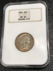 NGC MS64 1934 P WASHINGTON SILVER QUARTER-GOLD ENGRAVED GEN 3 HOLDER-DAMAGE-APR1 - Picture 1 of 6