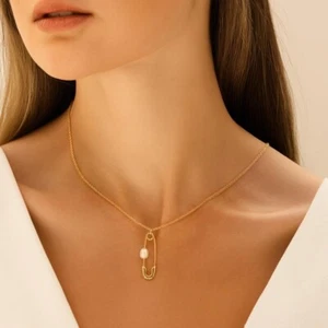 Unique Pendant Necklace with Pearl Safety Pin, Gold Jewellery Present For Women - Picture 1 of 4