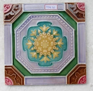 VINTAGE TILE ART NOUVEAU MAJOLICA YELLOW FLOWER DESIGN ARCHITECTURE TILE NH4430 - Picture 1 of 10