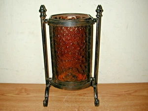 RUSTIC BLACK METAL CANDLE HOLDER STAND WITH AMBER COLORED GLASS - Picture 1 of 11