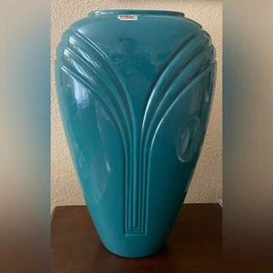 80s Haeger 15” Teal Ceramic Vase - Post Modern Art Deco Style Model 4386 - Picture 1 of 7