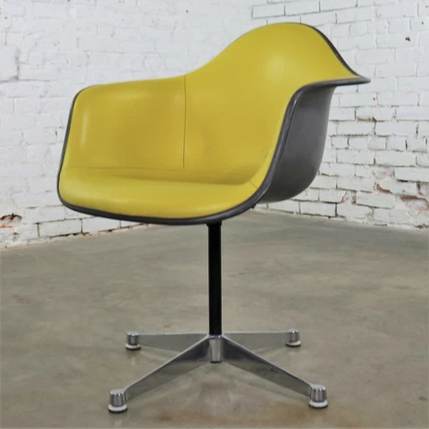 Eames PAC Yellow Padded Swivel Armchair w/Gray Fiberglass Shell & Aluminum Base Cover