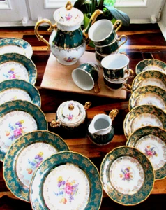 * MZ Kaffee-SERVICE Grün + Gold 23 Einheiten * Czechoslovakia / Moritz Zdekauer - Bild 1 von 12