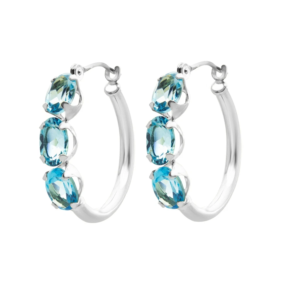 14K White Gold Plated 925 Silver Oval Blue Topaz Hoop Earrings Summer Sale - Image 1 of 1
