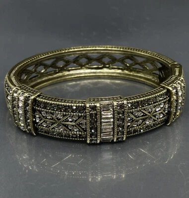 Heidi Daus Bangle Hinged Bracelet Bronze Tone Gray & White Crystals 7in Signed✨ - Image 1 of 4