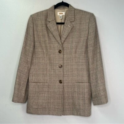 Talbots Vintage 90s  Silk Linen Blend houndstooth plaid print plaid Blazer Sz 10 - Image 1 of 4