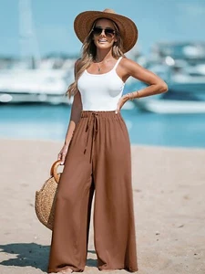 Womens Drawstring Waist Wide Leg Pants Loose Flowy Lounge Trouser with Pockets f - Picture 1 of 18