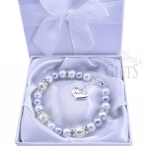 Personalised Silver White Pearl Bracelet - Choice of Heart Charm - Free Gift Box - Picture 1 of 1