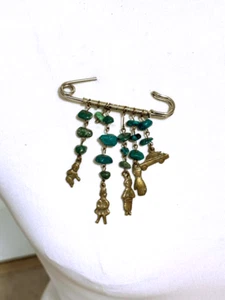 VINTAGE MILAGROS AND TURQUOISE PIN BROOCH PRAYER GOOD CONDITION FROM OAXACA - Picture 1 of 7