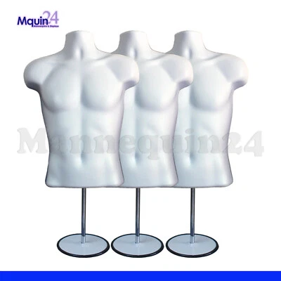 3 PACK MANNEQUIN MALE TORSOS + 3 STANDS + 3 HANGERS  WHITE MEN DRESS FORMS - Image 1 of 4