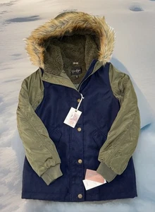 NEW Jessica Simpson Girls Heavy Blue Olive Coat Faux Fur Hood Medium 10 / 12 - Picture 1 of 13