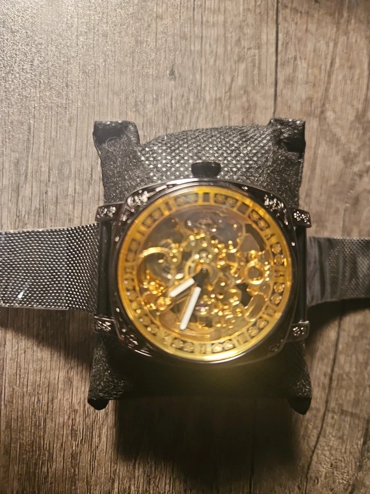 Reloj Esqueleto Automático Mecánico Dorado Unisex Esfera Negra Números Romanos Nuevo Foto 1 de 4