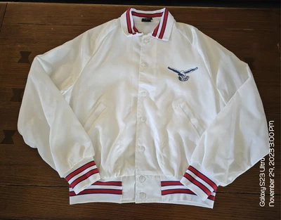 VINTAGE 80'S ARISTO JAC BY HILTON WHITE EAGLE SATIN NYLON BOMBER JACKET MEDIUM  - Image 1 of 4