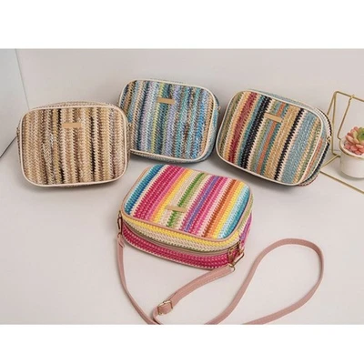 Women Retro Straw Sling Bag Contrast Color Weaving Satchel Bag Female Woven Bag - Image 1 of 4