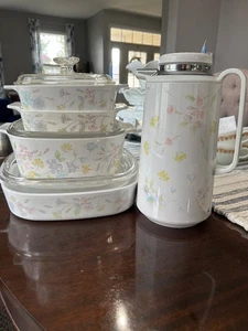Vintage Corning Ware Pastel Bouquet 8pc Set 4 Baking Dishes 3 Lids 1 Carafe - Picture 1 of 24