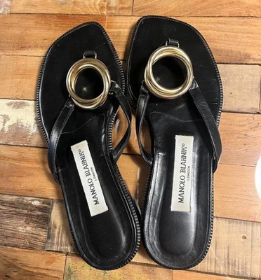 Manolo Blahnik Black Leather Flat Sandals Size 36 US 6 with Ring Detail Elegant - Image 1 of 4