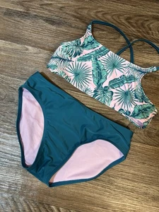 Art Class Swim Girl Teal Palm Crisscross Swim Top Straps 2pc Bikini Set XL/14 - Picture 1 of 7